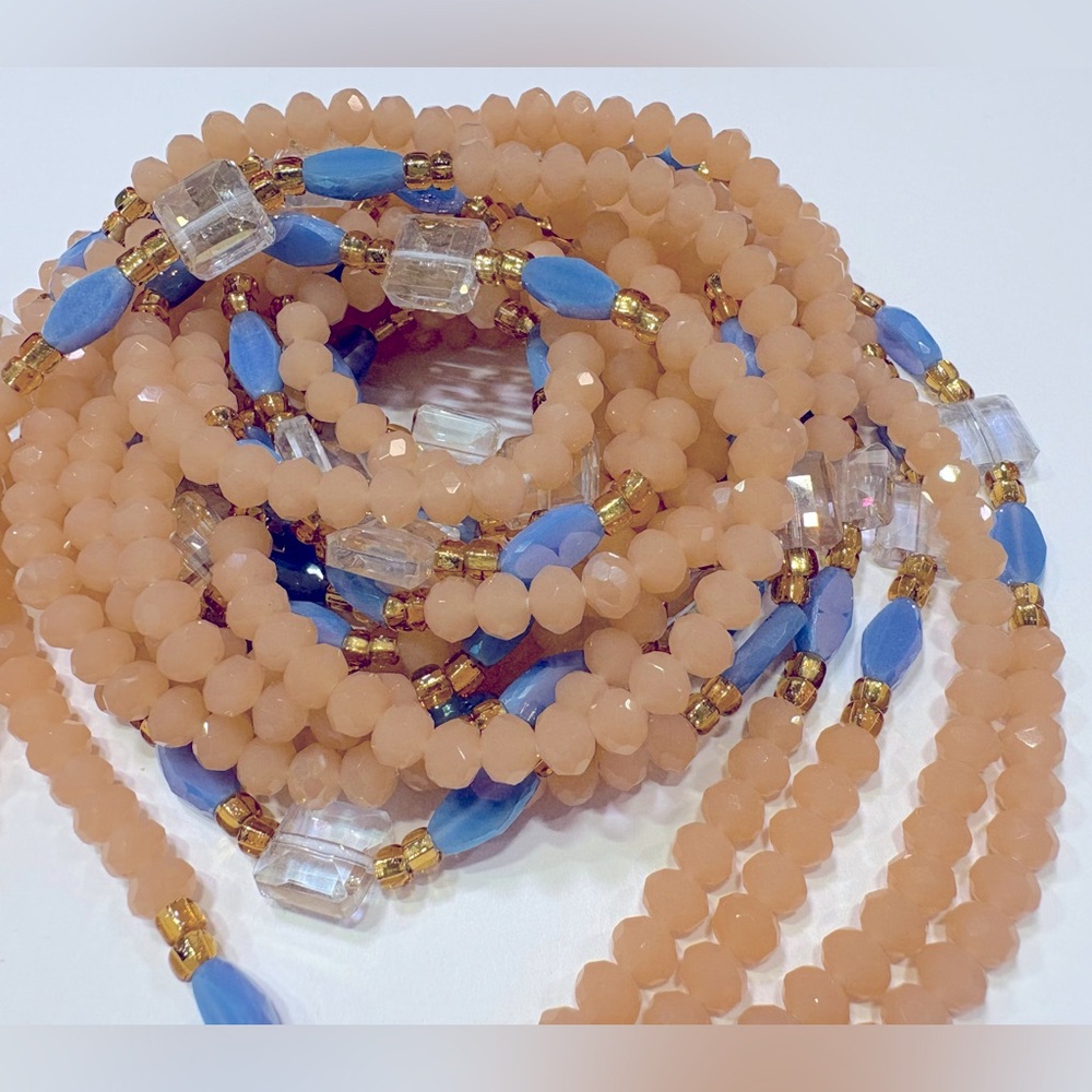 NWT “PEACHEEZZZ” Crystalline Beads w/Clear, Blue & Gold accents up to 50 length - Picture 7 of 16